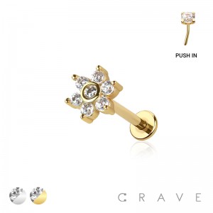 MULTI CZ FLOWER TOP THREADLESS (PUSH IN) 316L SURGICAL STEEL LABRET SET